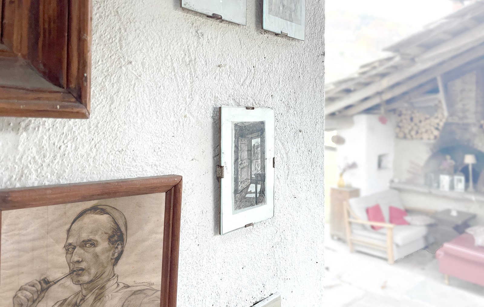 Framed reproductions of Roberto Terracini’s drawings at Stone Oven House