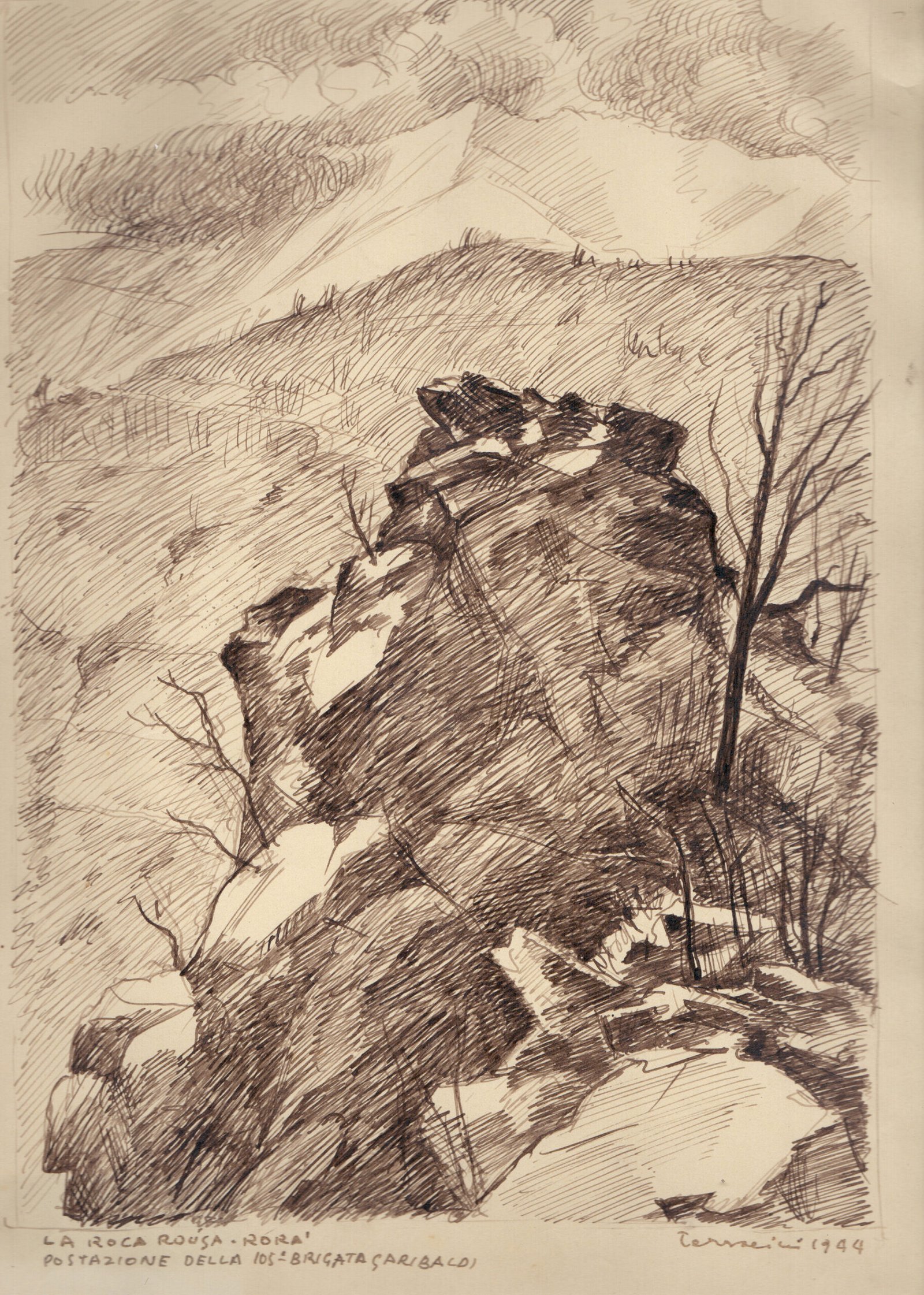 Rocky mountain landscape near Rorà, drawn by Roberto Terracini